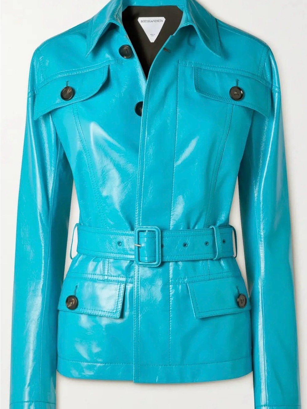 Bottega Veneta Shiny Turquoise Patent Leather Belted Trench Jacket